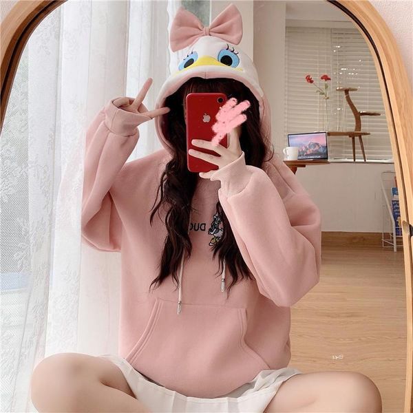 

women's hoodies & sweatshirts embroidery fashion plush vintage autumn women kawaii duck cartoon jumper clothes aesthetic long sleeve pu, Black