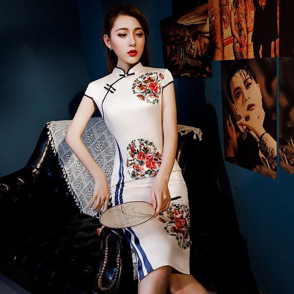 

womens summer short cheongsam fashion chinese style rayon dress knee length qipao slim party dresses lady vestido s-3xl ethnic clothing, Red