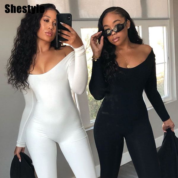 

shestyle autumn 2021 jumpsuits women solid white low cut slash neck elastic plain bodycon push up slim outfit fitnessby a, Black;white