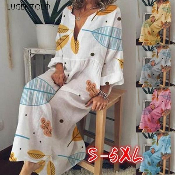 

casual dresses lugentolo maxi dress women plus size long sleeve fashion print v-neck loose summer womens, Black;gray