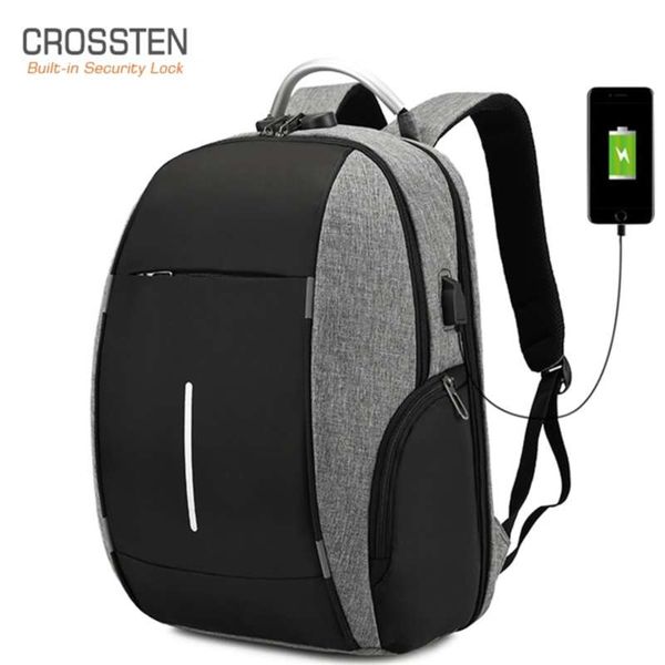 Crossten portátil mochila, saco de negócios de computador de 15 polegadas, bookbag de estudante de escola, fechadura anti-roubo USB porta de carregamento, resistente à água 210929