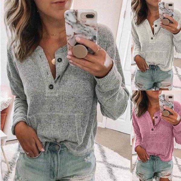 

women's t-shirt plus size solid color casual v-neck button long sleeve autumn fashion loose women 2021, White