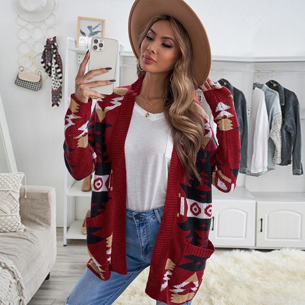 

large size autumn winter sweater women's geometric pattern pocket long knit cardigan coat, White;black