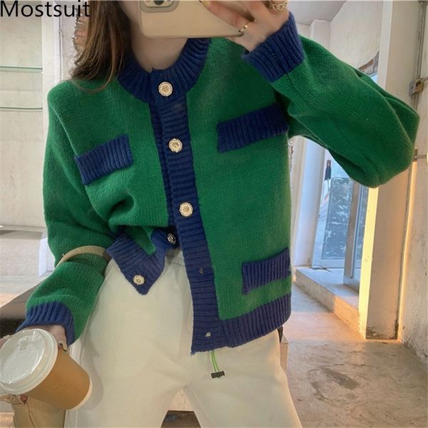 

color-blocked soft korean cardigan jumpers women single-breasted o-neck sweaters vintage fashion ladies femme 210514, White