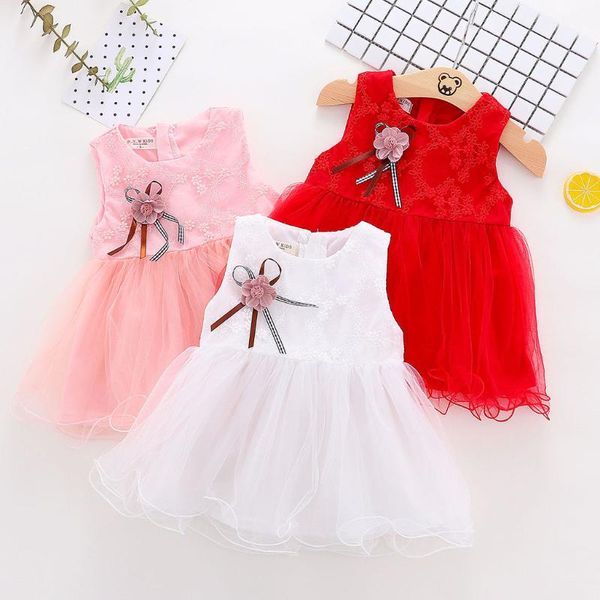 

girl's dresses 2021 summer girls dress infant baby sleeveless flower embroidery tulle princess girl, Red;yellow
