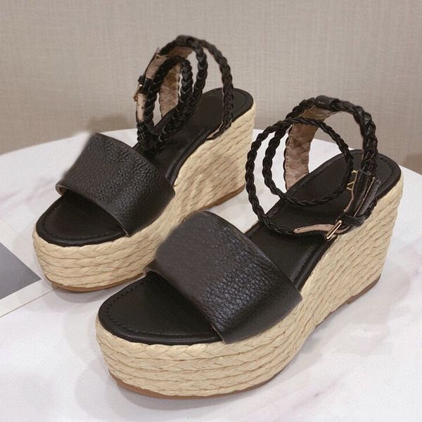 

80% off store online summer new hemp cross strap thick bottom sandals women's wedges high heels platform shoes peep toe ankle buckle fe, Black