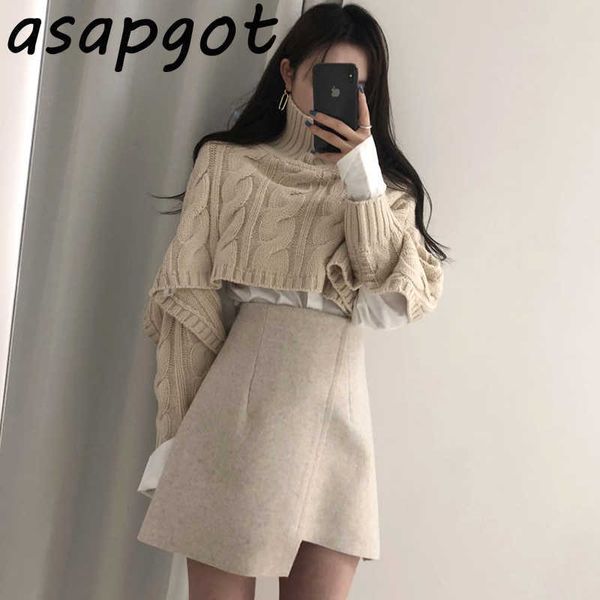 

korean chic autumn warm twisted short longsleeve turtleneck knitted sweater women high waist irregular skirt mini 2 piece set 210610, White