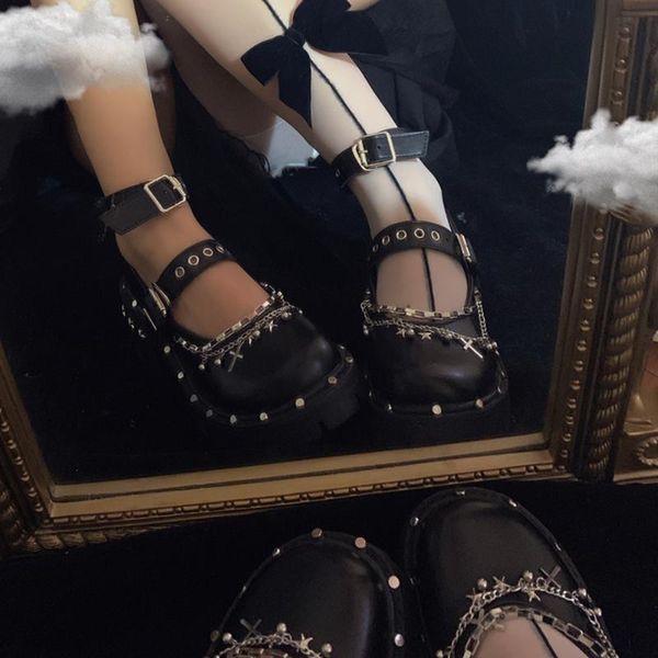 

dress shoes women gothic punk star rivet cross metal chain sandals platform wedge high heel creepers japanese harajuku dark jk retro, Black