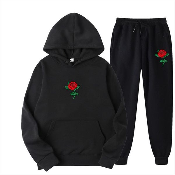 

2 pieces set fashion men tracksuits red rose print hoodies pants women sweatshirt streetwear pullover pantsuit male sudaderas, Gray