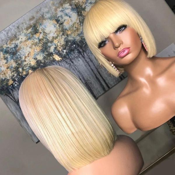 

lace wigs bangs short bob platinum blonde 13x6 transparent front human hair for women preplucked babyhair natural hairline remy, Black;brown
