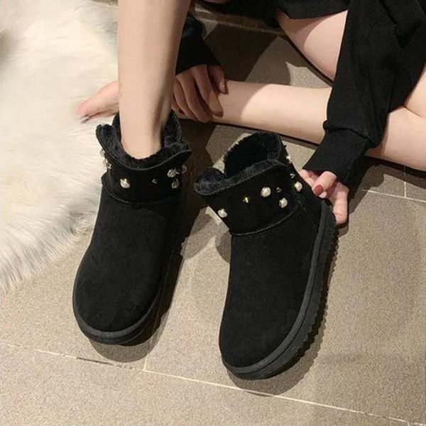 

boots fashion thick fur women outdoor pearl style snow round toe waterproof female flat high winter sewing mujer, Black