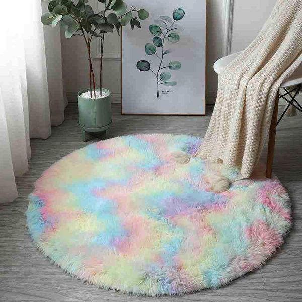

carpets rainbow colorful soft fluffy rug girl round hairy bedroom decor carpet furry bedside cushion princess style