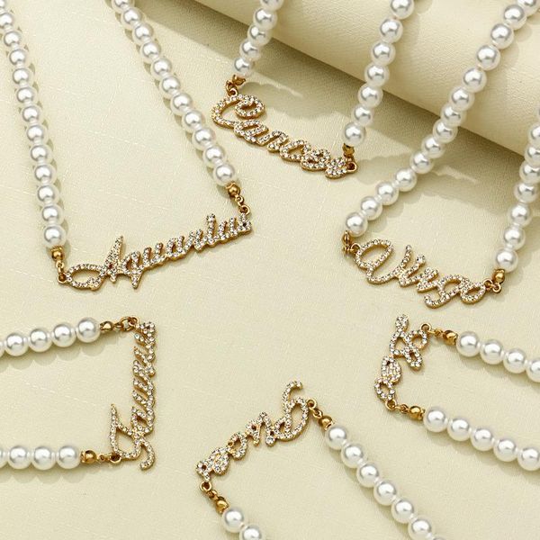 

chains enegant cubic zirconia pendant zodiac necklace cursive letter gold imitation pearl wedding bridesmaid gift, Silver