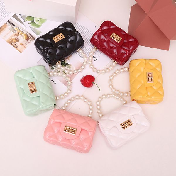 

designer kids mini pearl handbag children shoulder bags youth girl jelly package chain crossbody small square bag women totes messenger lady, Black