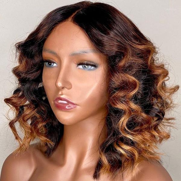 

short bob loose wave 13x6 lace front human hair wigs with baby brazilian full wig for black women natural hairline1, Black;brown