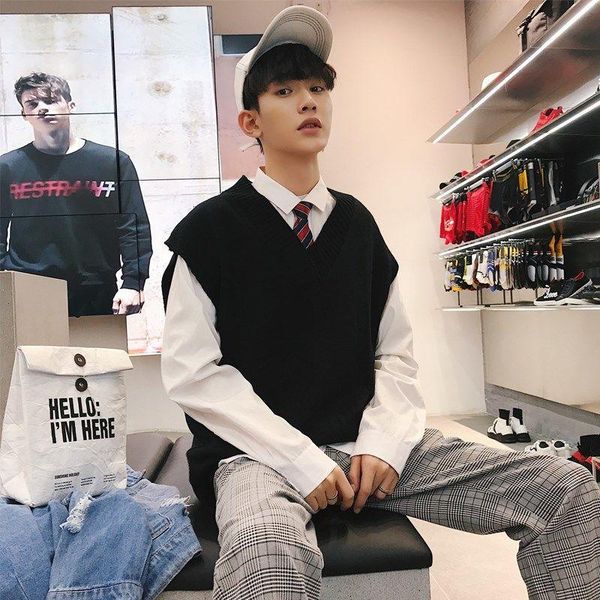 

sleeveless sweater vest male korean student loose wool sweetheart collar clothes autumn men's vests, Black;white