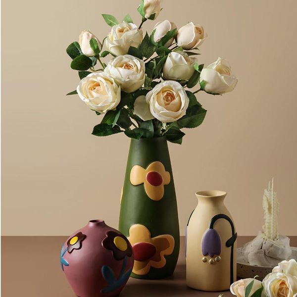 

vases nordic modern creative relief painted morandi ceramic vase dried flower decoration ornaments porch tv cabinet home