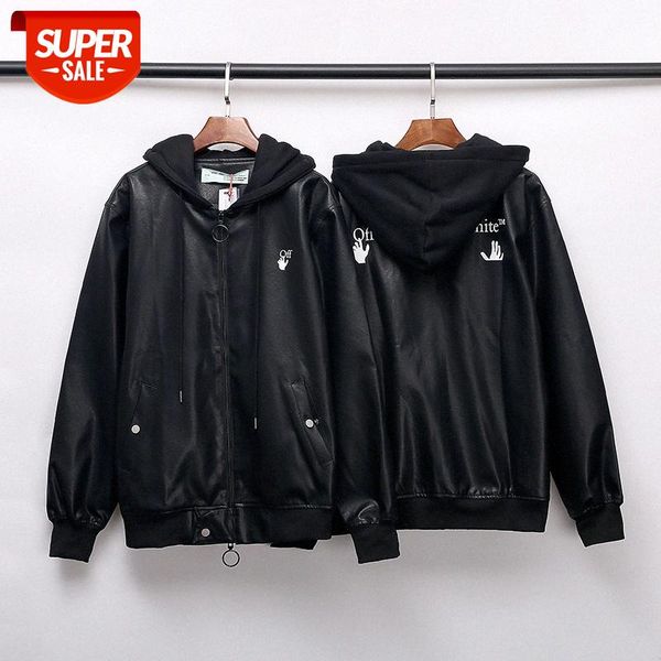 

ow white fw small hand logo hooded leather jacket #ek6o, Black;brown