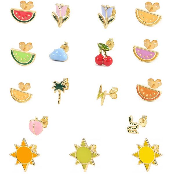 

stud aide 2021 trend fruit/sun cute ear bone piercing drop oil earrings 925 sterling silver small fine jewelry for women, Golden;silver