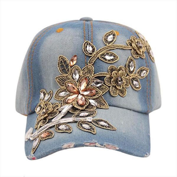 

sales flower embossed rhinestone denim baseball cap summer fashion women jeans hat, Blue;gray