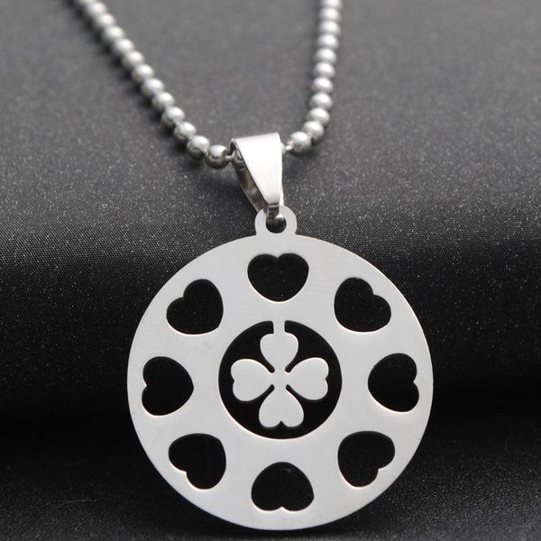 

pendant necklaces stainless steel lucky love heart four-leaf clover necklace petal flower small grass plant amulet geometric round, Silver