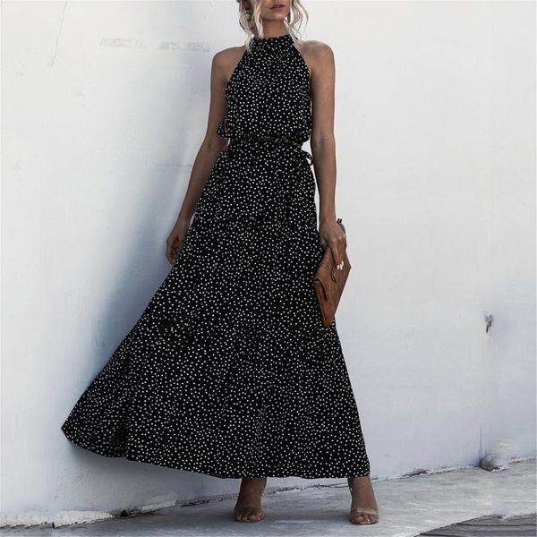 

casual dresses 2021 bohemian dot print women summer long dress lady sleeveless party beach female robes de soirÃ©e #g4, Black;gray