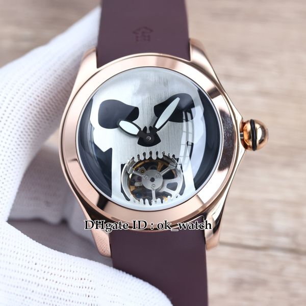 Новые 46 -миллиметровые турбиллинские автоматические мужские часы часы Bubble Rose Gold Case L016/03268 Черный циферблат Через коричневый резиновый ремешок