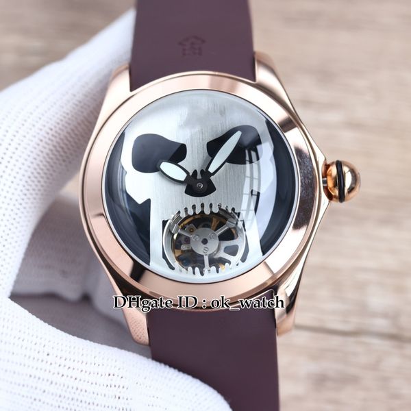 

new 46mm tourbillon automatic mens watch bubble rose gold case l016/03268 black dial skull brown rubber strap sports gents watches, Slivery;brown