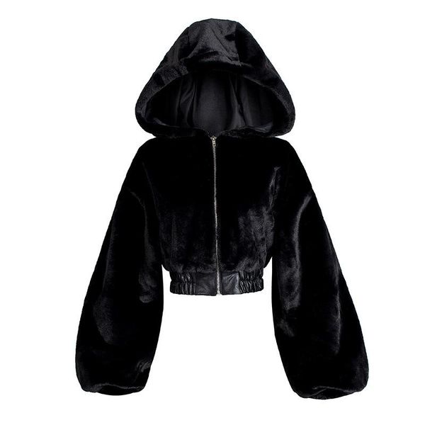 

women's fur & faux short high-waisted woolen hooded jacket pink rainbow coat winter women woman, Black