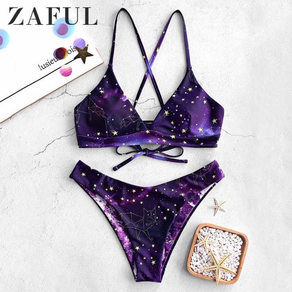 

women's swimwear zaful bikini galaxy print lace-up reversible set spaghetti straps criss-cross swim suit wire padded 2021, White;black