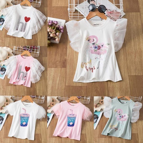 

childrens short sleeve t shirt summer girls unicorn 100% cotton shirts kids flamingo print tee clothes birthday party wear, Blue