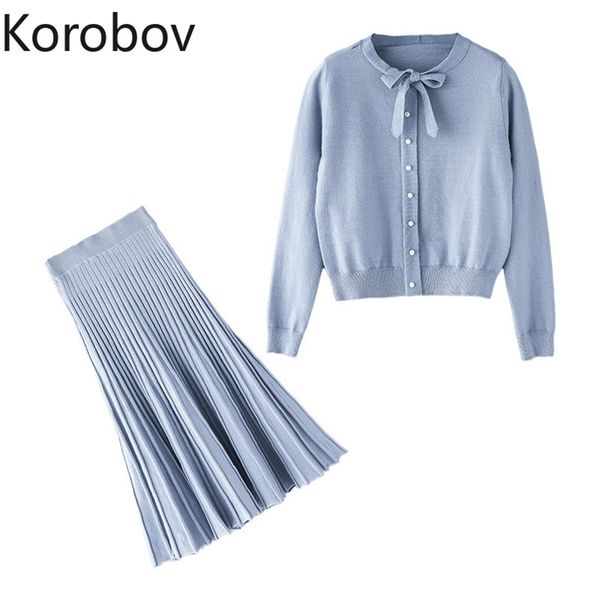 

korobov elegant knit women outfits suits korean long sleeve single breasted pullover and a line pleated skirts 2 pcs sets 78763 210430, White