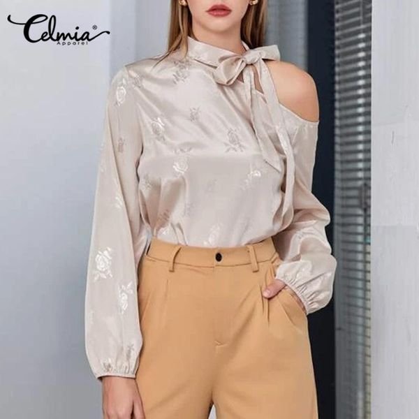 

women's blouses & shirts women elegant jacquard floral blouse celmia stylish satin long sleeve bowknot one shoulder lady casual office, White