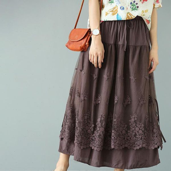 

autumn skirt womens skirts women large size loose retro female elastic waist embroidery lace long solid color mori, Black