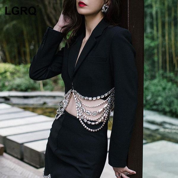 

women's jackets [lgrq] rhinestone chain patchwork short jacket lapel long sleeve coat fashion tide spring autumn 2021 19d4056, Black;brown