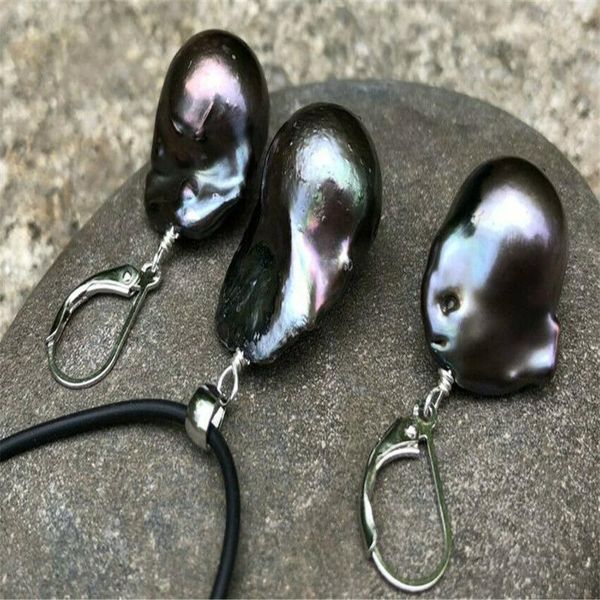 

earrings & necklace 15-19mm peacock black baroque pearl set, Silver