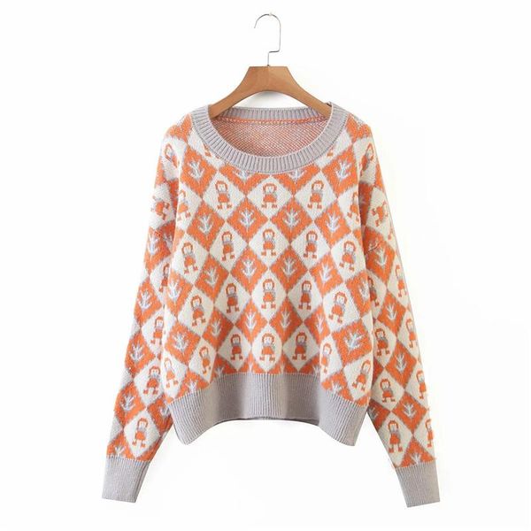 

women's sweaters merodi women autumn fashion argyle print knitted pullover chic lady 2021 casual long sleeve o-neck loose sweater, White;black