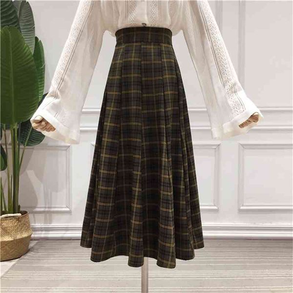 

werueruyu fashion vintage casual retro high waist dark brown plaid woolen ladies skirt women 210608, Black