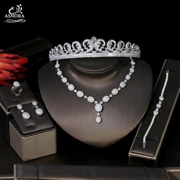 

earrings & necklace european wedding jewelry set, cubic zirconia bride crown ring bracelet 5-piece, Silver