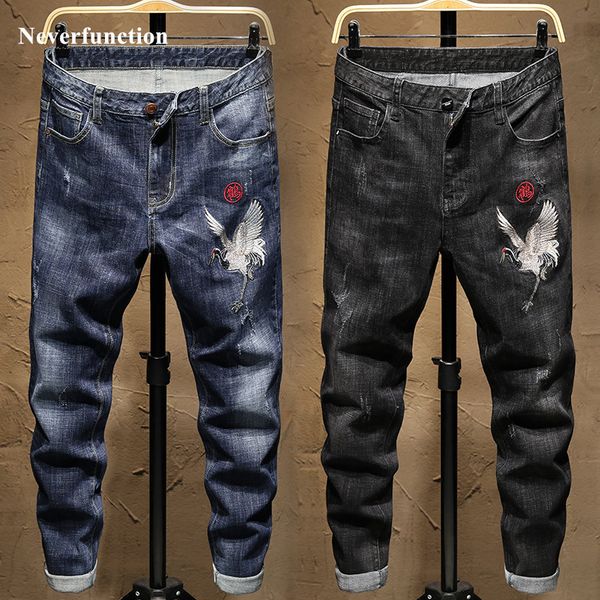

jeans men streetwear white crane embroidery slim fit straight fashion man hip hop stretch cotton jogger casual denim trousers, Blue
