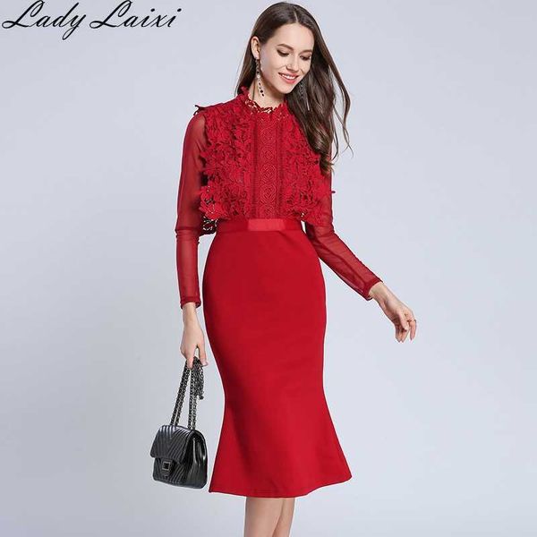 

summer runway desigher dress women's mesh long sleeve lace patchwork mermaid 210529, Black;gray