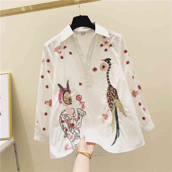

blouses v-neck spring long-sleeve embroidered doll shirt women's blouse, White