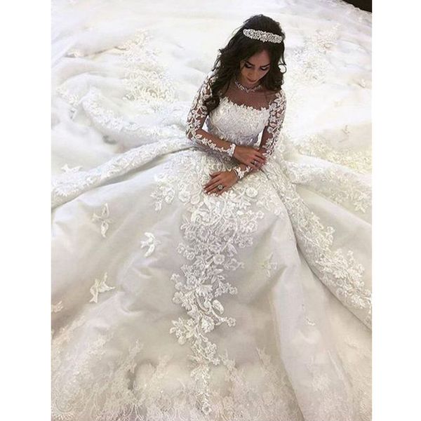 

ball gown square neck long sleeve wedding dress with lace appliques, White