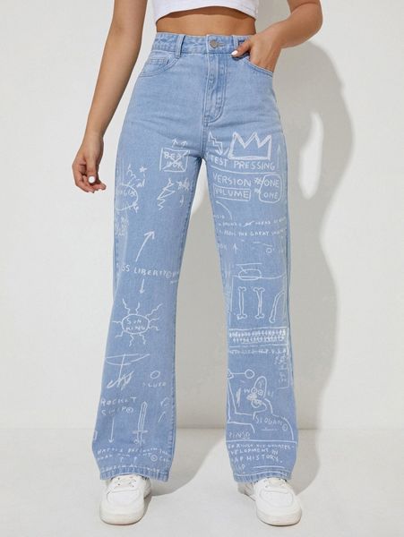 

letter graphic straight leg jeans q1co#, Blue