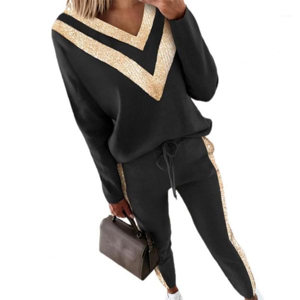 

yoga outfit 1 set sweatshirt sweatpants bead patchwork drawstring women loose long sleeve pullover pants for daily wear