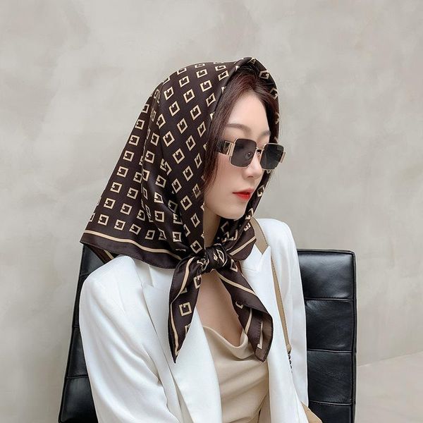 

scarves twill 90cm silk scarf ladies retro large square plaid decorative headscarf beach shawl decorate print, Blue;gray