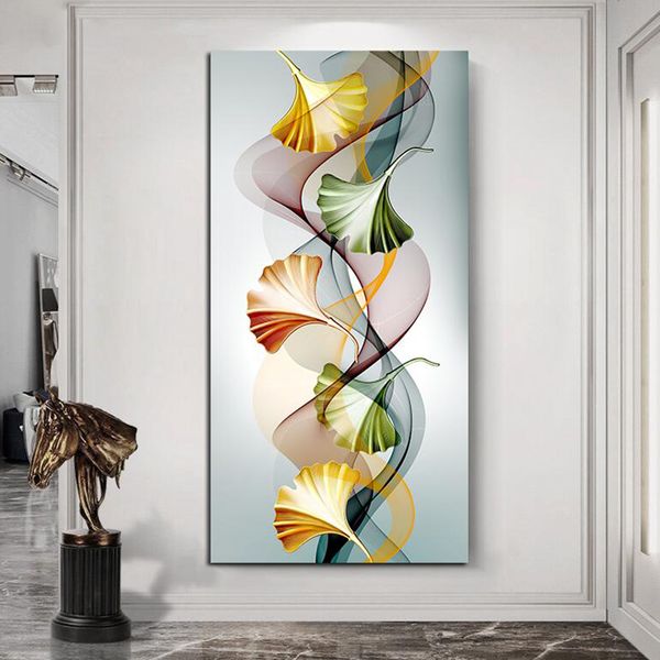 Modern Luxo Decoração Casa Pinturas de Canvas Golden Ginkgo Biloba Folha Pena abstrata Arte Imagens Imprimir Entrada Decorações