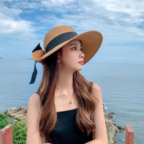 

wide brim hats 2021 summer straw women's sunshade bow hat outdoor women uv sunscreen beach holiday sun, Blue;gray