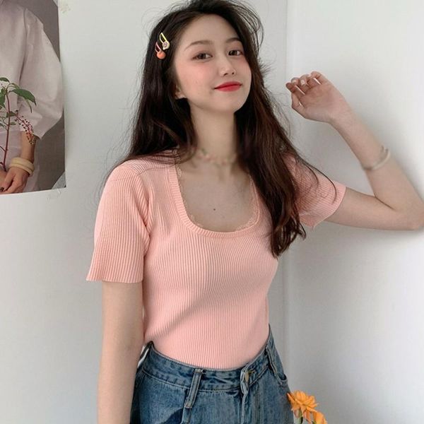 

women's t-shirt summer lace solid short sleeve knitted slim korean style fashion square collar pullover top, White