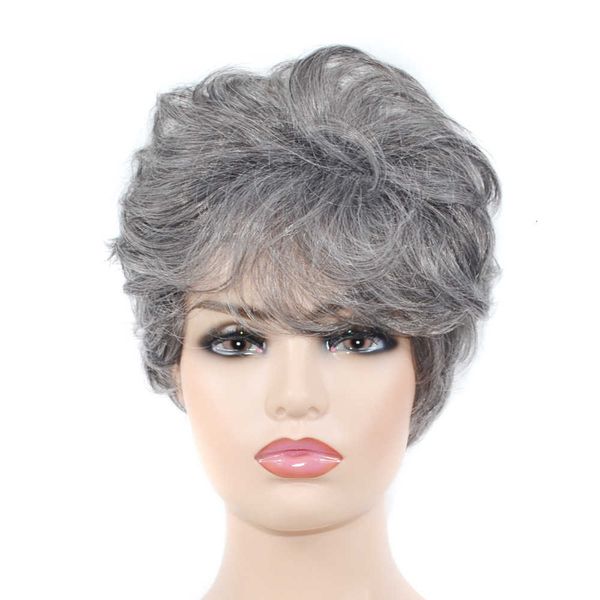 

middle aged elderly ms' wig , grma's sier headgear is gray and short hair, Black